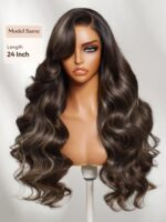 Lumivive 13x4 Bye Bye Slip™ Lace Frontal Dark Chocolate Brown with Caramel Highlights Body Wave Wig with Side Part Bangs - Image 3