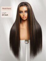 Lumivive 7x5 Bye Bye Slip™ Lace Black with Golden Brown Highlights Yaki Straight Wig with Invisi Drawstring - Image 4