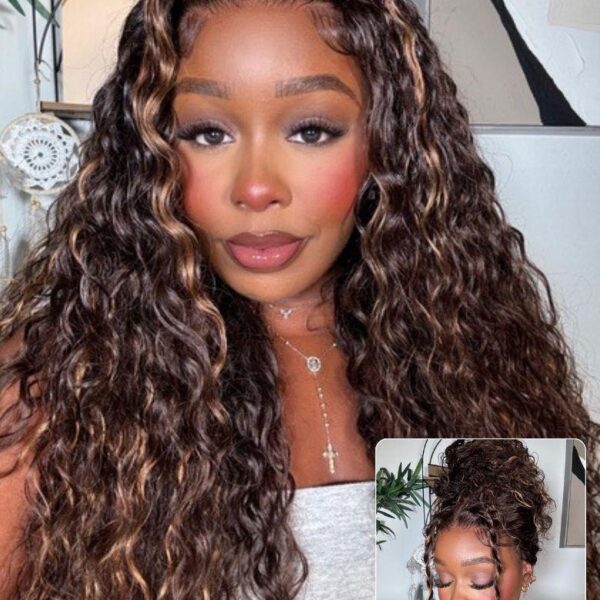 Lumivive Bye-Bye Knots™ 7x5 Lace Dark Toffee Brown with Auburn Highlights Water Wave Wig with Invisi Drawstring