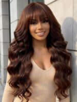 Lumivive 7x5 Bye Bye Slip™ Lace Auburn/Red Brown Fluffy Loose Wave Wig with Wispy Bangs 180% Density