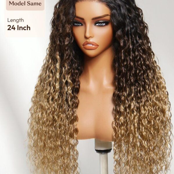 Lumivive Bye-Bye Knots™ 7x5 Lace Black to Brown to Blonde Ombre Water Wave Wig with Invisi Drawstring