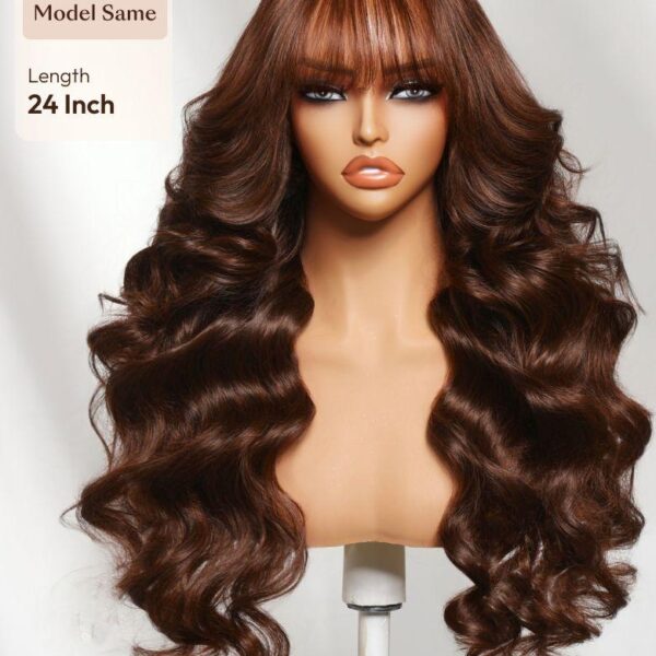 Lumivive 7x5 Bye Bye Slip™ Lace Auburn/Red Brown Fluffy Loose Wave Wig with Wispy Bangs 180% Density