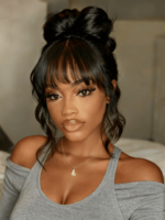 Lumivive Black Yaki Wig Human Hair Glueless Wig with Blunt Bangs