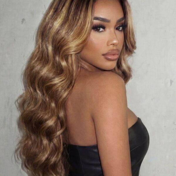 Lumivive Bye-Bye Knots™ 7x5 Lace Honey Brown Highlights Body Wave Drawstring Wig with Dark Roots